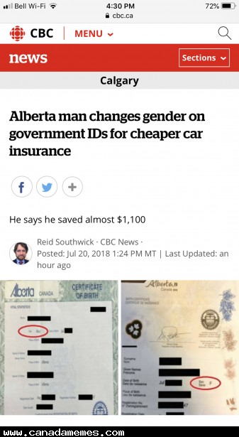 Cheap Car Insurance Alberta >> Alberta Man Changes Gender For Cheaper Car Insurance Canada Memes Cheap Car Insurance Alberta >> Alberta Man Changes Gender For Cheaper Car Insurance Canada Memes